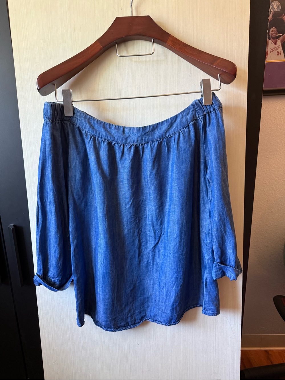 Off-the-Shoulder Chambray Blue Top